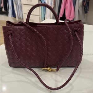 Woven Real Leather Tote Bag in Burgundy